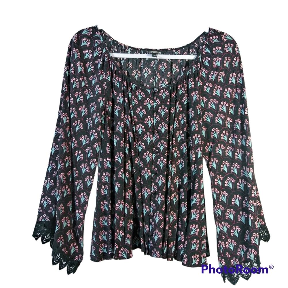 Express Black Floral Blouse Button Front Size Small